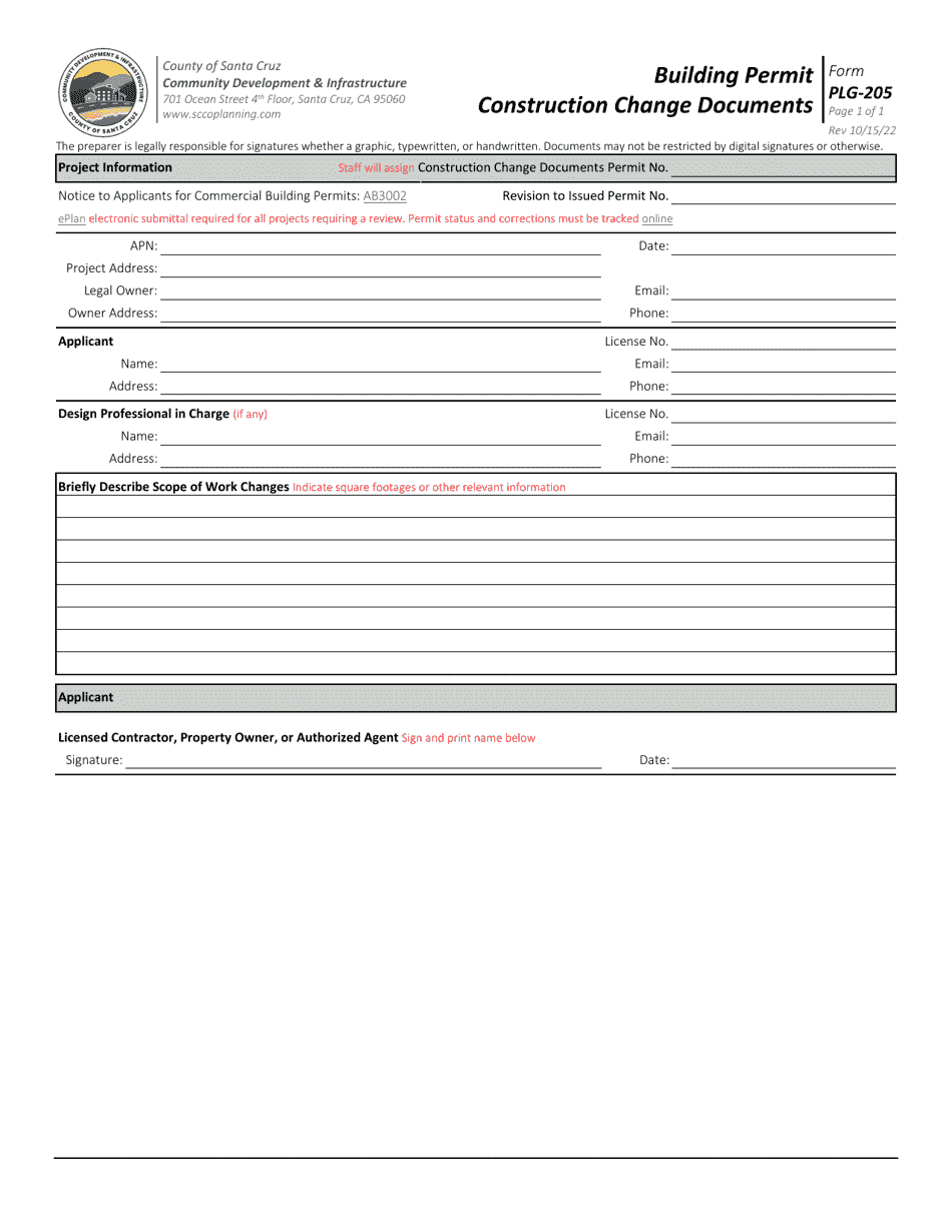 Form PLG-205 Building Permit Construction Change Documents - Santa Cruz County, California, Page 1