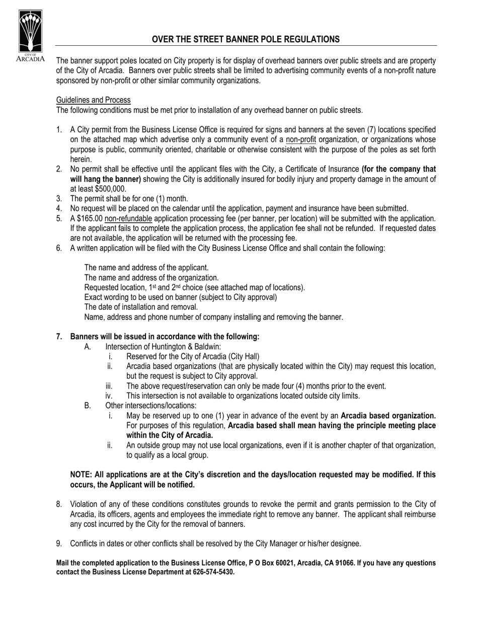 City of Arcadia, California Over the Street Banner Permit Application