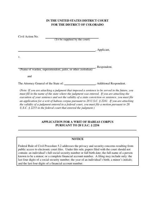 Application for a Writ of Habeas Corpus Pursuant to 28 U.s.c. 2254 - Colorado