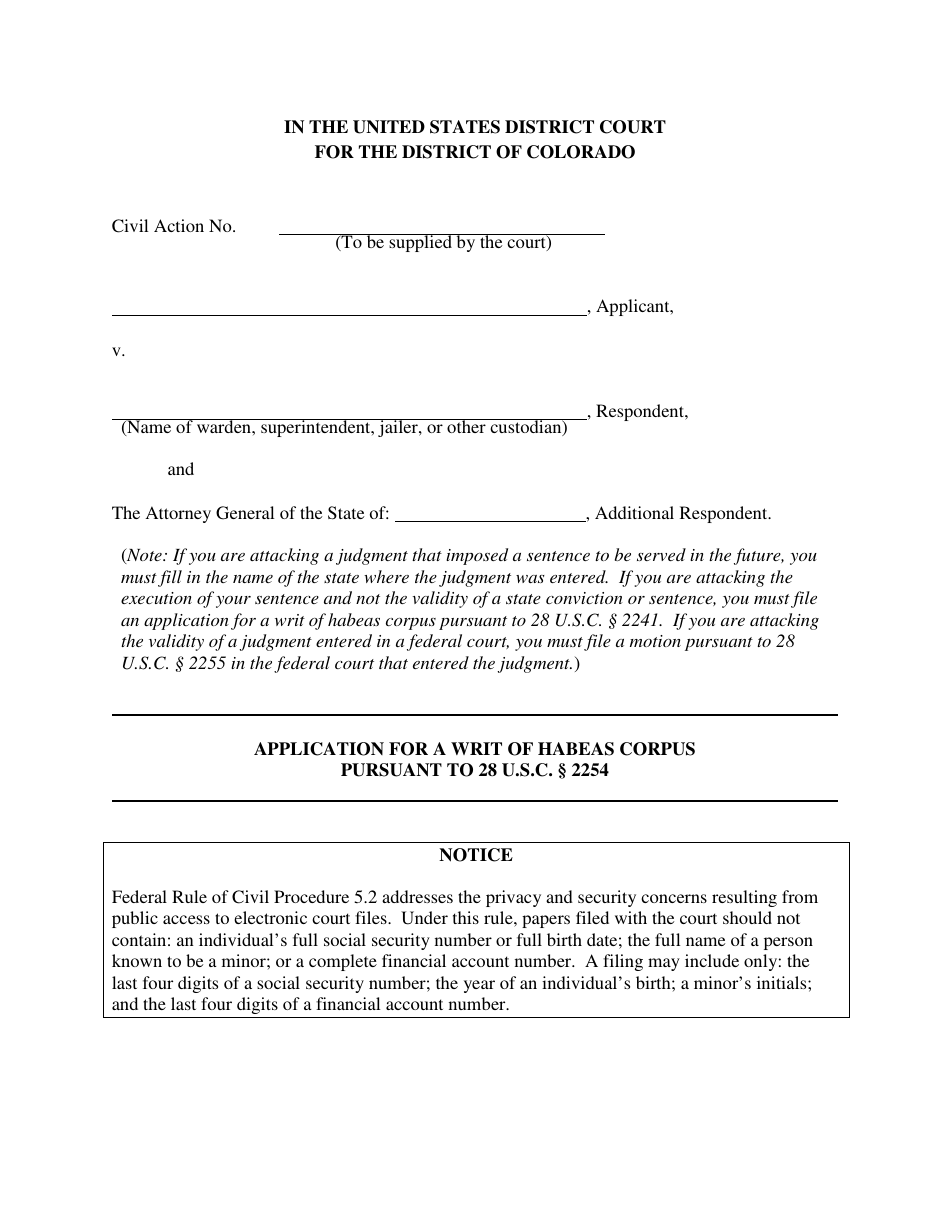 Application for a Writ of Habeas Corpus Pursuant to 28 U.s.c. 2254 - Colorado, Page 1