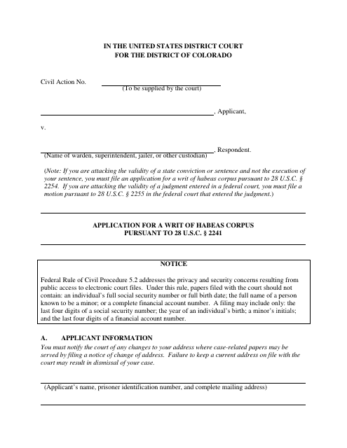 Application for a Writ of Habeas Corpus Pursuant to 28 U.s.c. 2241 - Colorado Download Pdf