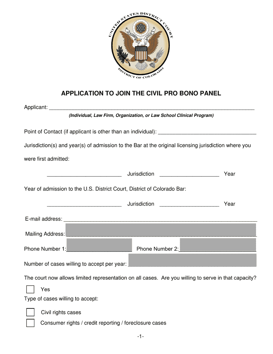 Application to Join the Civil Pro Bono Panel - Colorado, Page 1