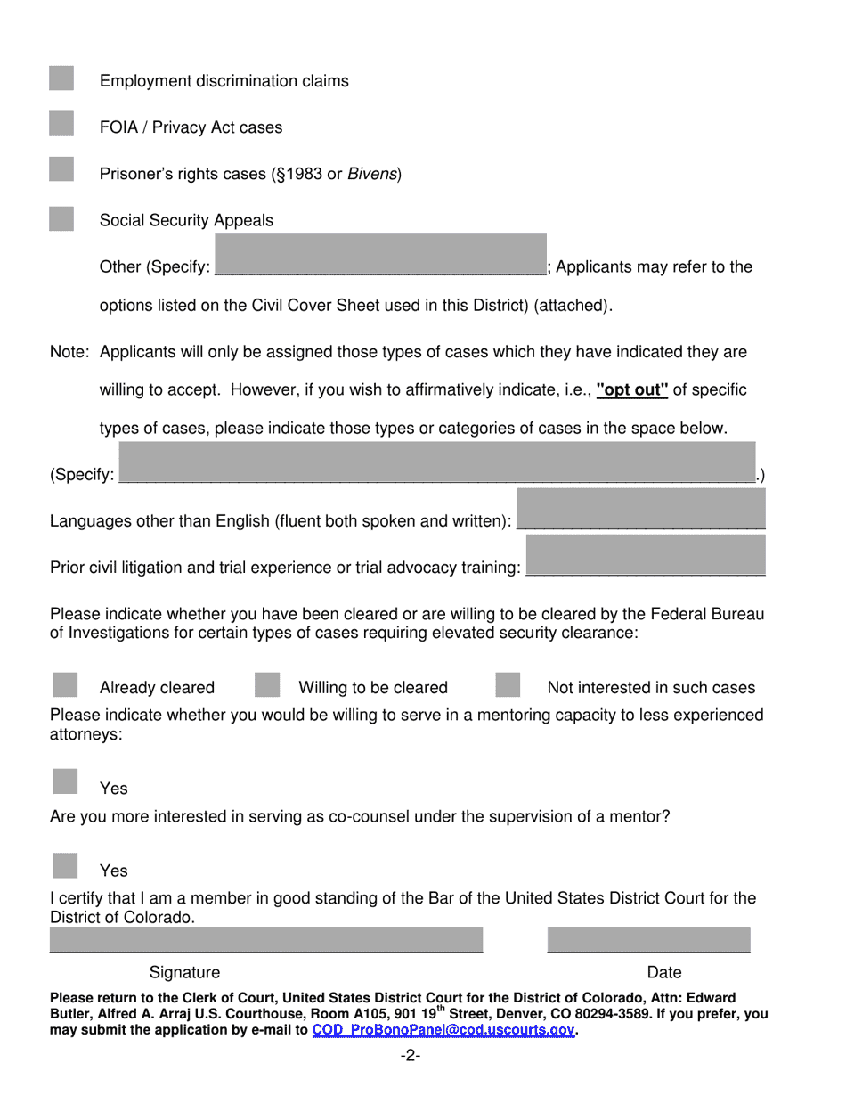 Application to Join the Civil Pro Bono Panel - Colorado, Page 2