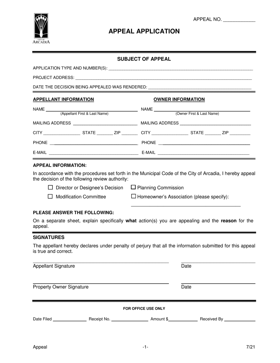 City of Arcadia, California Appeal Application Fill Out, Sign Online and Download PDF