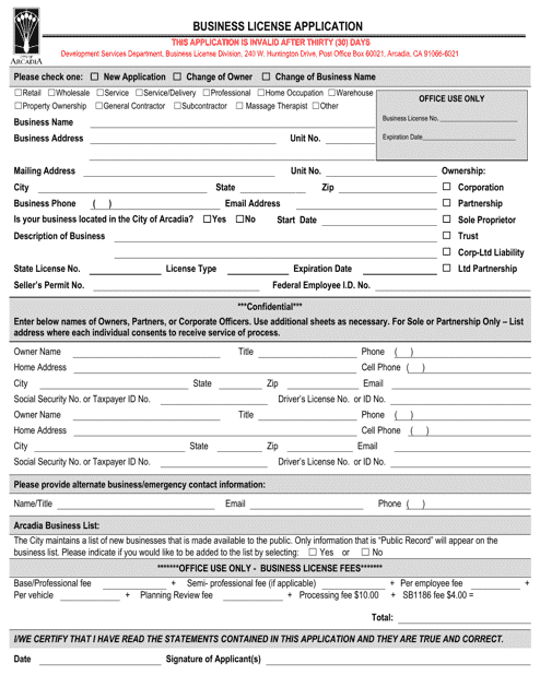 Business License Application - City of Arcadia, California Download Pdf
