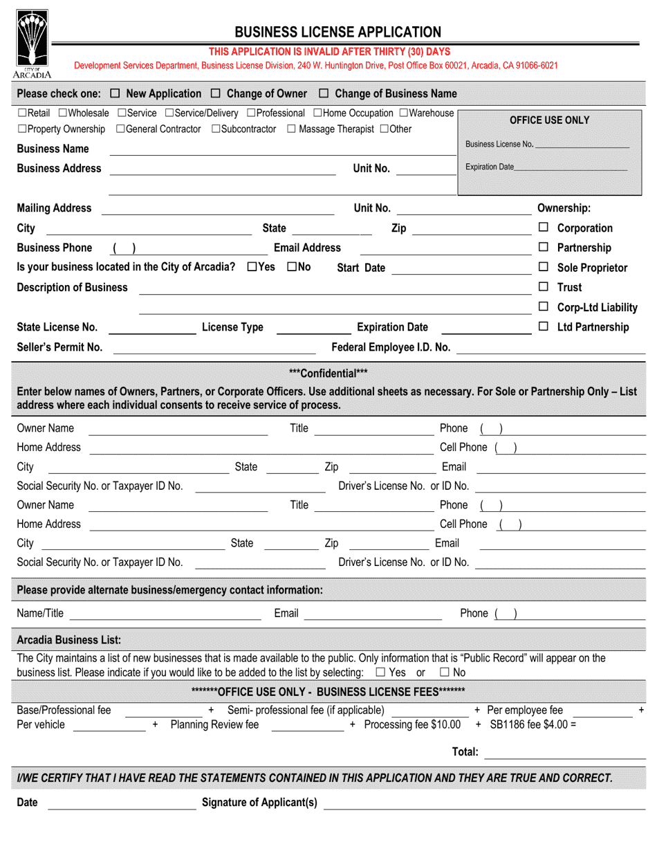 City of Arcadia, California Business License Application Fill Out