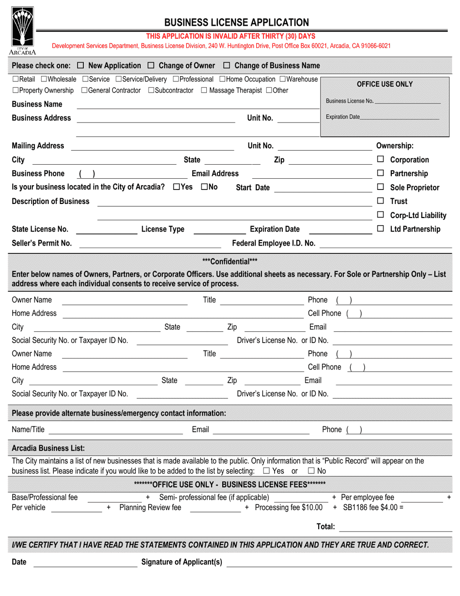 Business License Application - City of Arcadia, California, Page 1