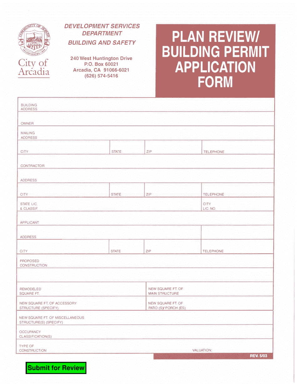 Plan Review / Building Permit Application Form - City of Arcadia, California, Page 1