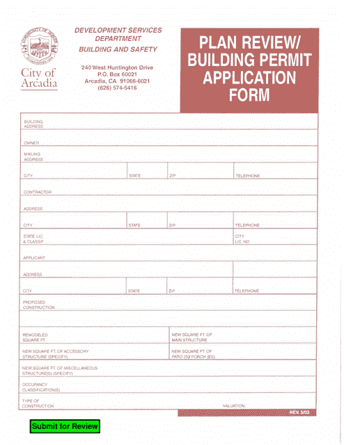 Plan Review / Building Permit Application Form - City of Arcadia, California Download Pdf