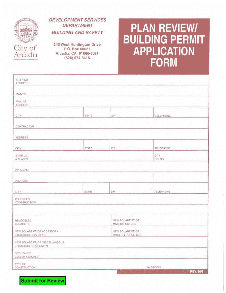 City of Arcadia, California Plan Review/Building Permit Application Form Fill Out, Sign Online