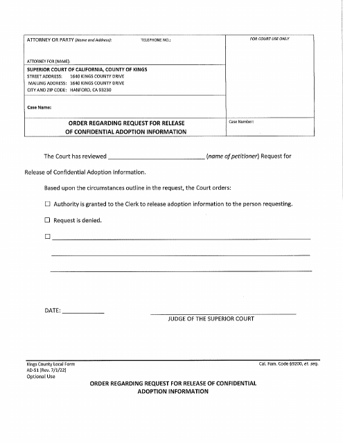 Form AD-51 Order Regarding Request for Release of Confidential Adoption Information - County of Kings, California