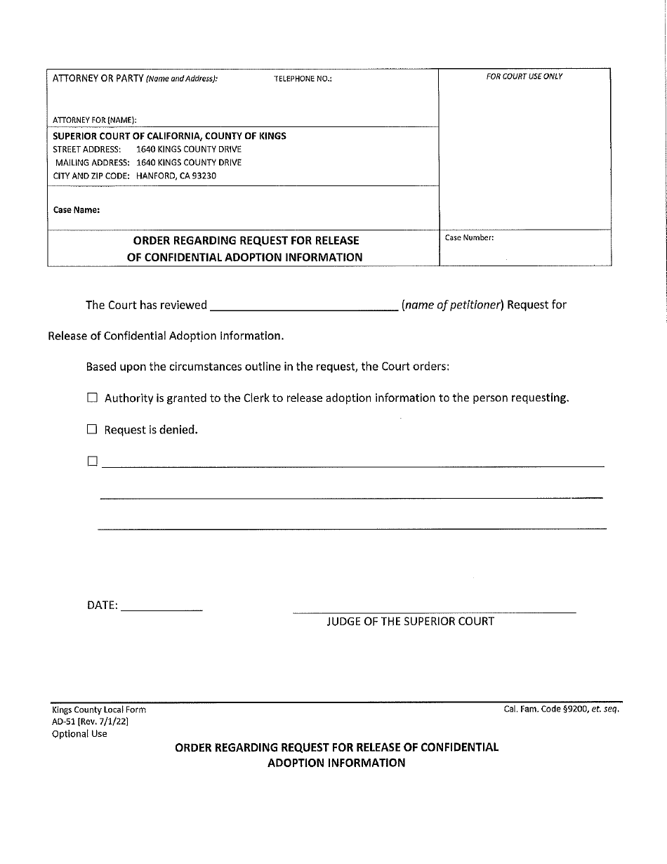 Form AD-51 Order Regarding Request for Release of Confidential Adoption Information - County of Kings, California, Page 1