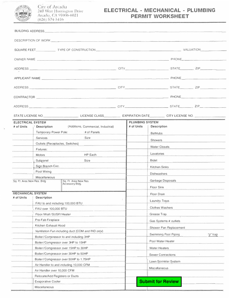 Electrical - Mechanical - Plumbing Permit Worksheet - City of Arcadia, California, Page 1
