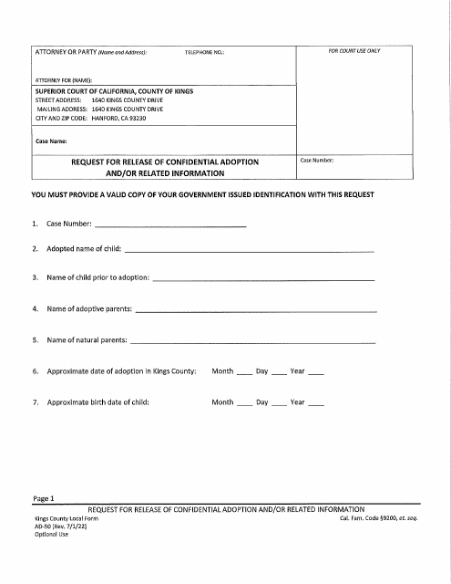 Form AD-50 Request for Release of Confidential Adoption and/or Related Information - County of Kings, California