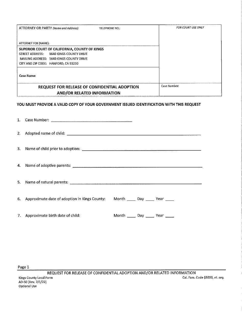 Form AD-50 Request for Release of Confidential Adoption and / or Related Information - County of Kings, California, Page 1