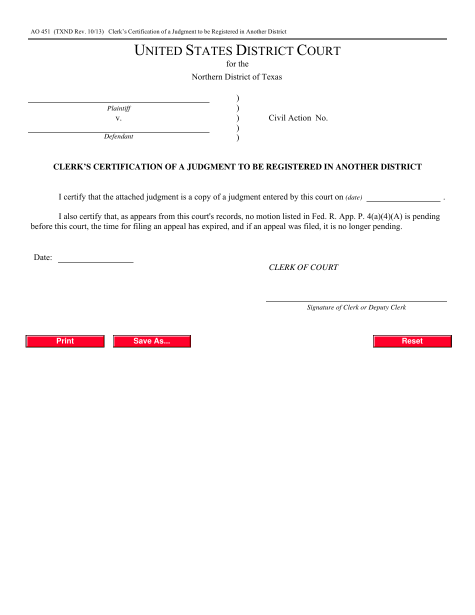 Form AO451 Clerks Certification of a Judgment to Be Registered in Another District - Texas, Page 1
