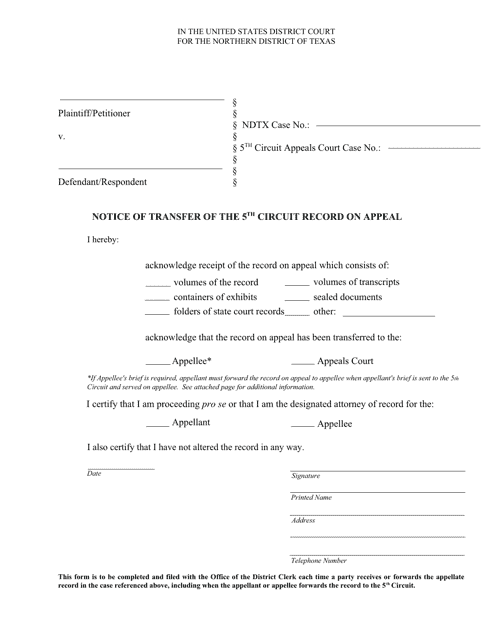 Notice of Transfer of the Fifth Circuit Record on Appeal - Texas Download Pdf