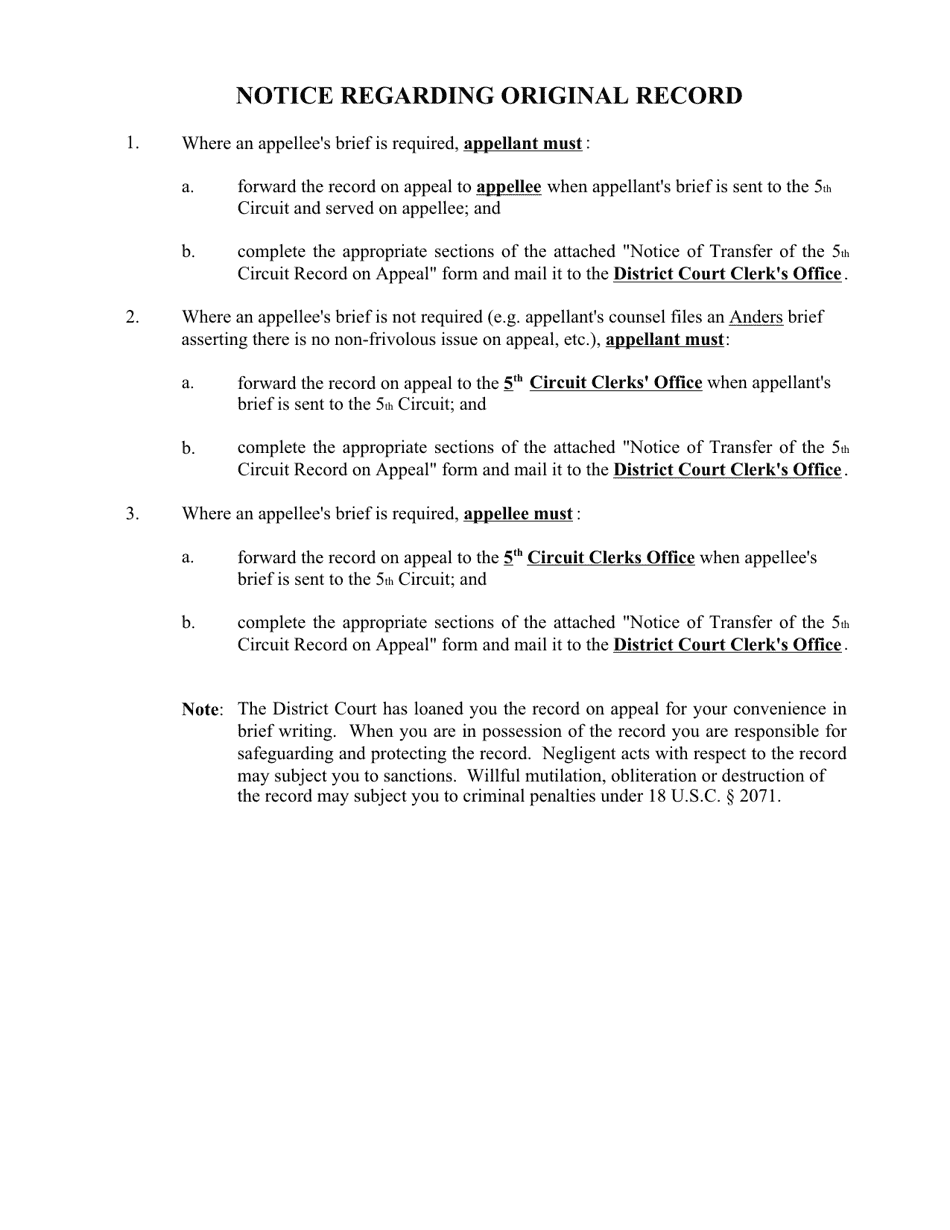 Notice of Transfer of the Fifth Circuit Record on Appeal - Texas, Page 2