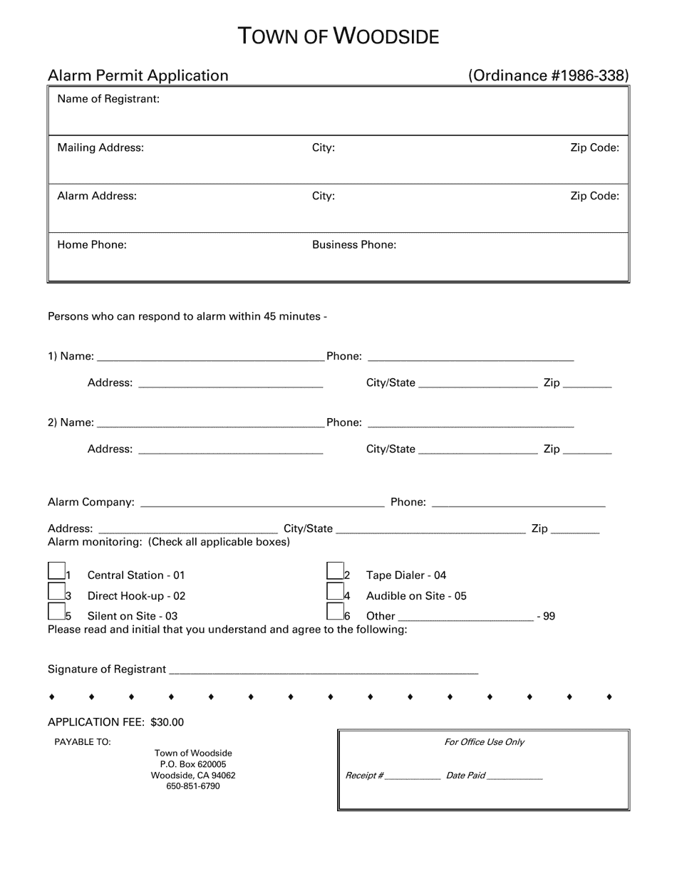 Alarm Permit Application - Town of Woodside, California, Page 1