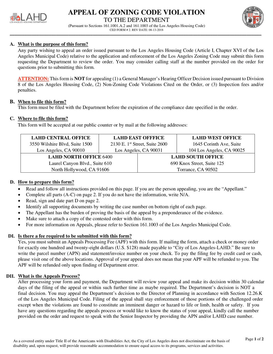 CED Form 2 Appeal of Zoning Code Violation - City of Los Angeles, California, Page 1