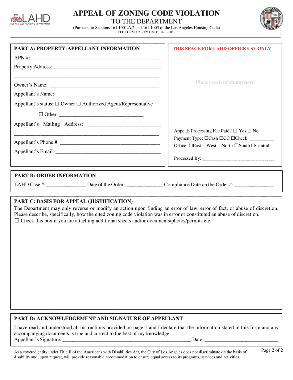 CED Form 2 Appeal of Zoning Code Violation - City of Los Angeles, California, Page 2