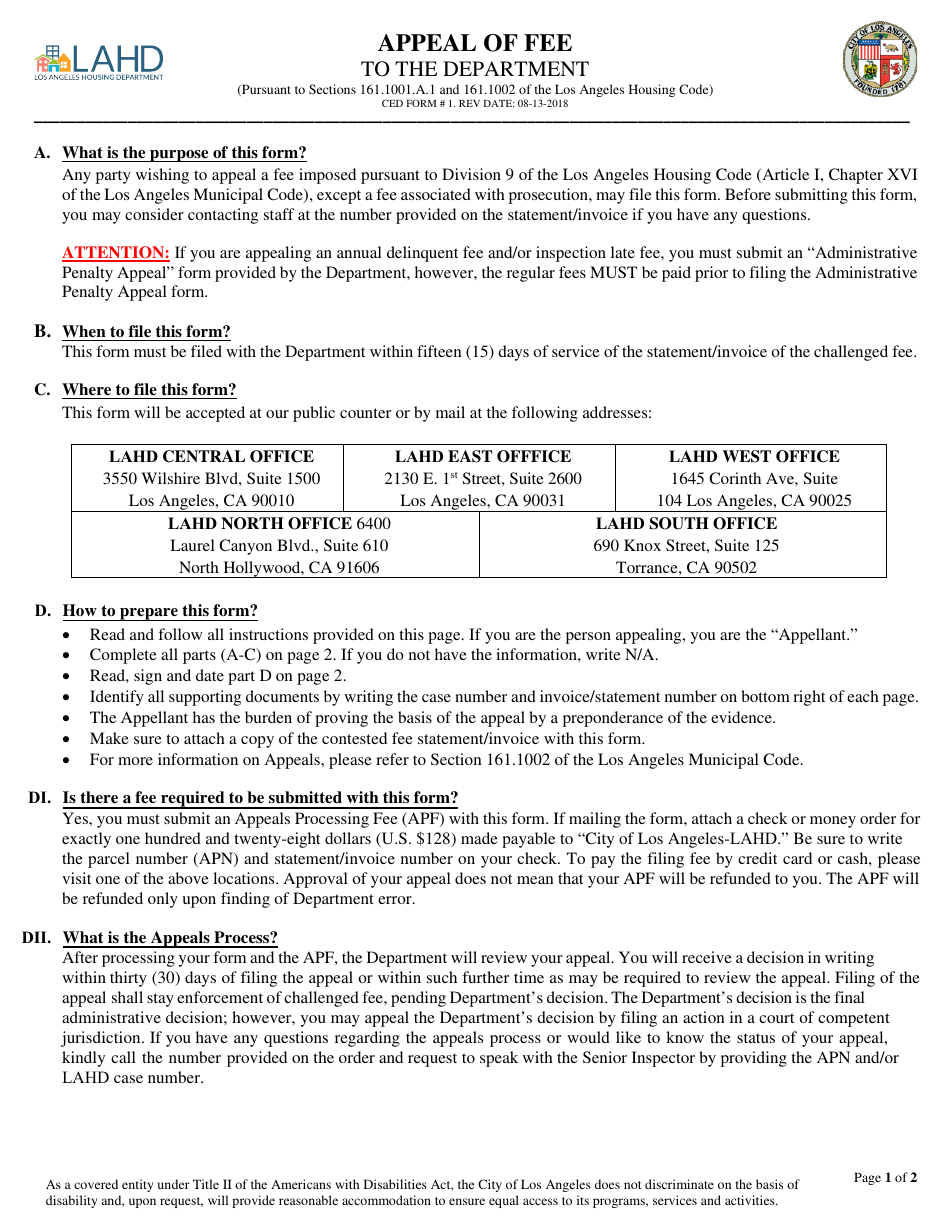 CED Form 1 Appeal of Fee - City of Los Angeles, California, Page 1