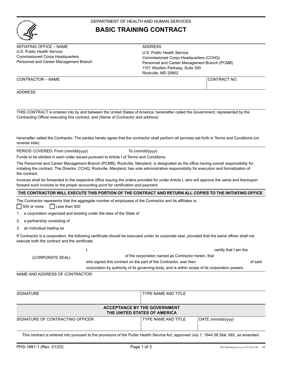 Form PHS-1881-1 Basic Training Contract, Page 1