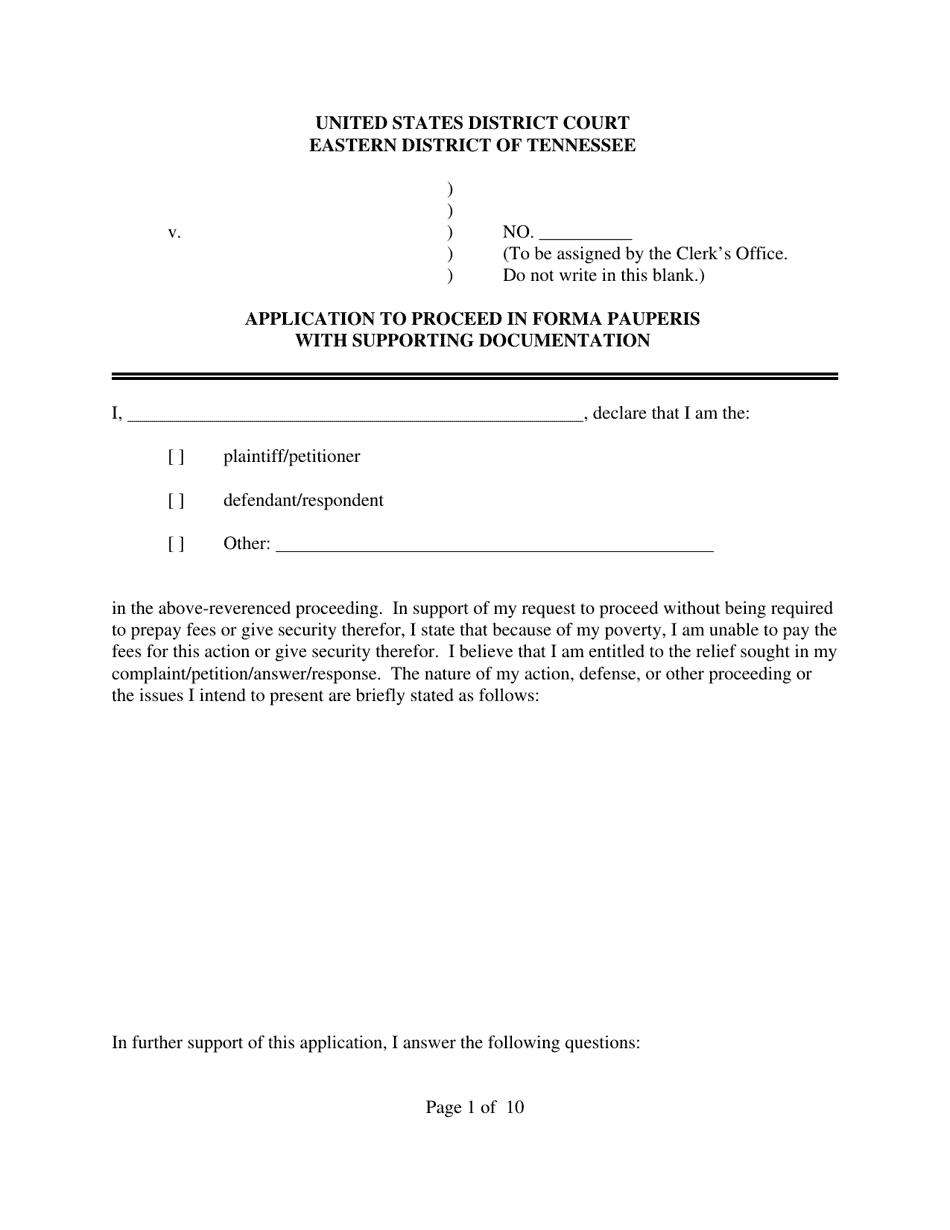 Application to Proceed in Forma Pauperis With Supporting Documentation - Tennessee, Page 1