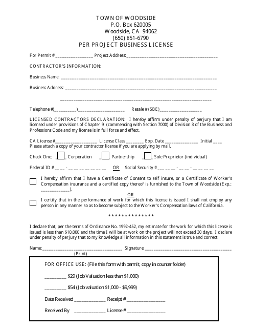 Business License Application - Per Project - Town of Woodside, California