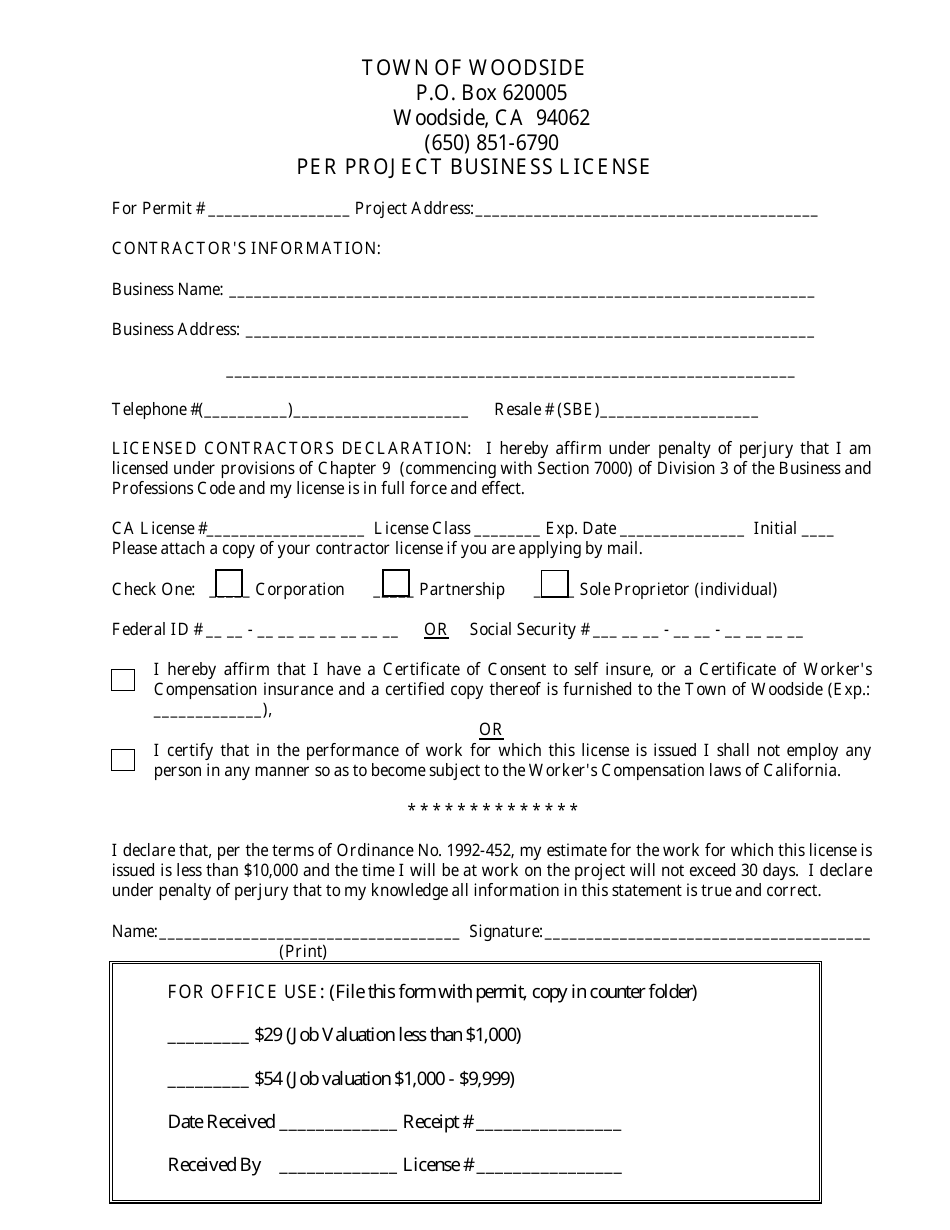Business License Application - Per Project - Town of Woodside, California, Page 1