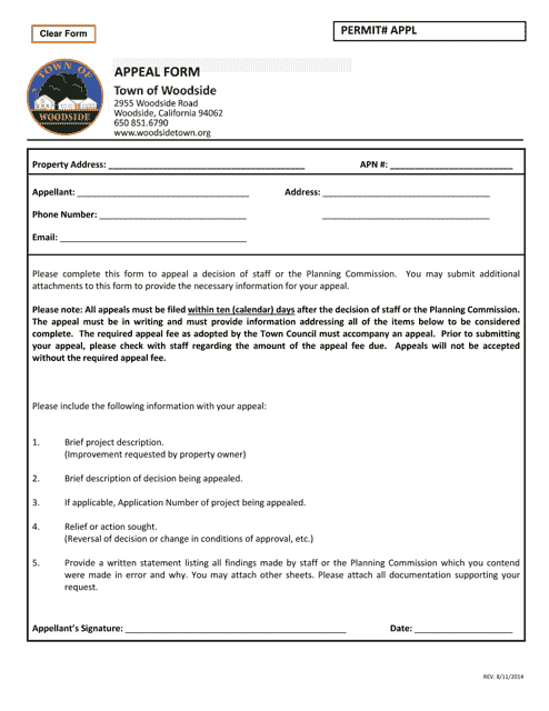 Appeal Form - Town of Woodside, California Download Pdf
