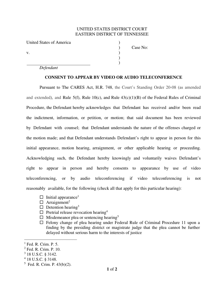 Consent to Appear by Video or Audio Teleconference - Tennessee, Page 1