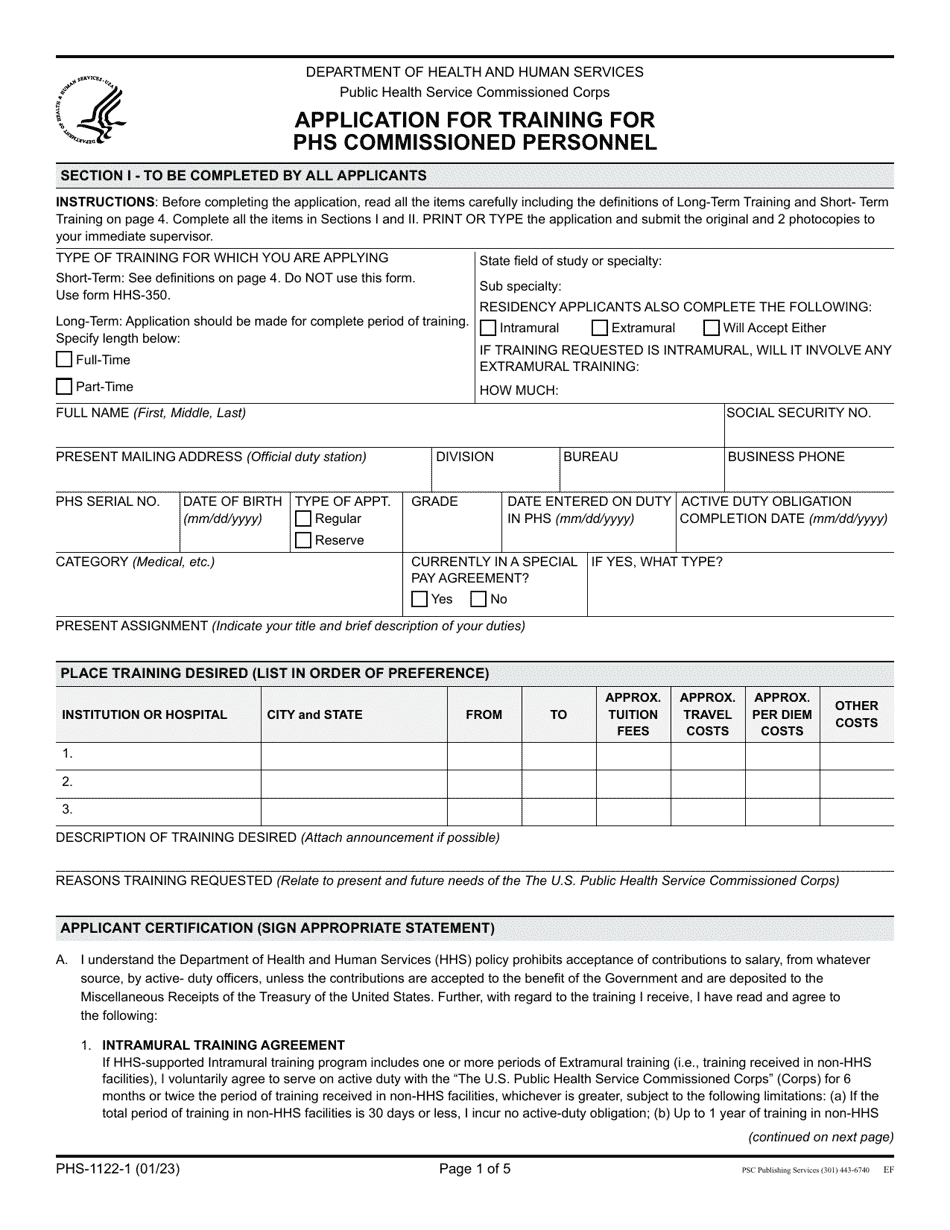 Form PHS-1122-1 Application for Training for Phs Commissioned Personnel, Page 1