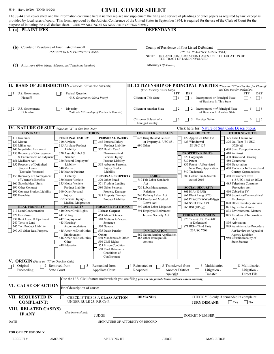 Form JS44 Civil Cover Sheet - Texas, Page 1