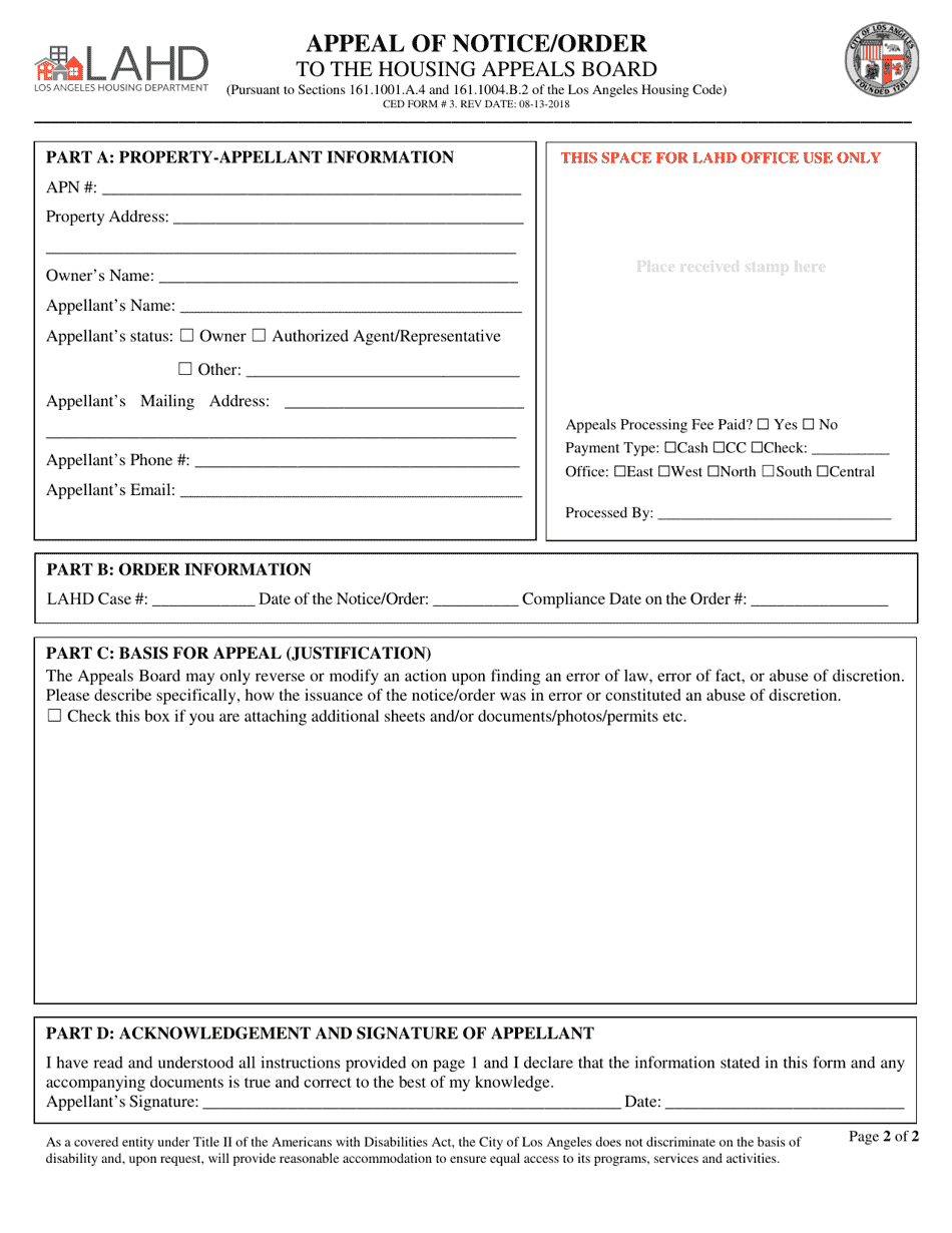 CED Form 3 Appeal of Notice / Order - City of Los Angeles, California, Page 2