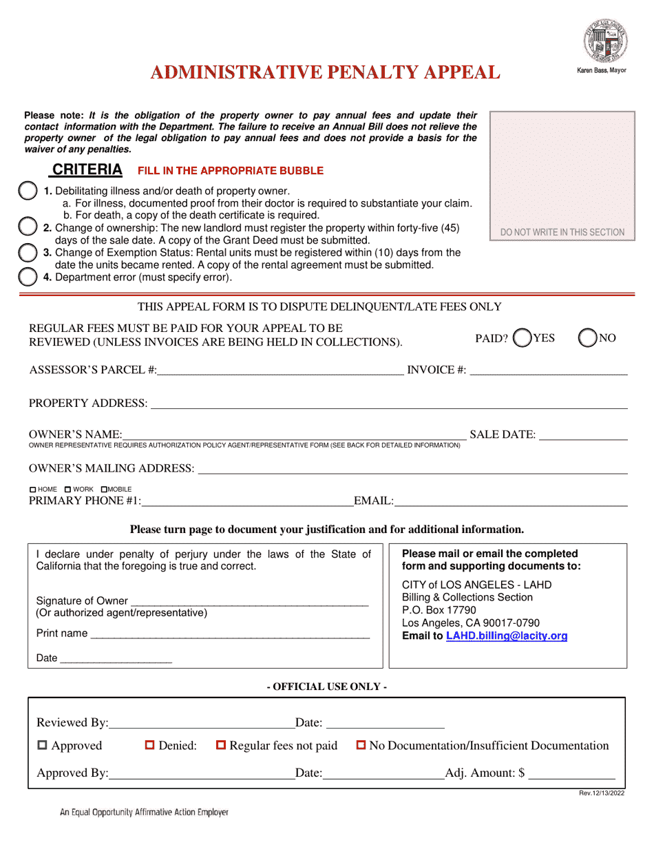 Administrative Penalty Appeal - City of Los Angeles, California, Page 1