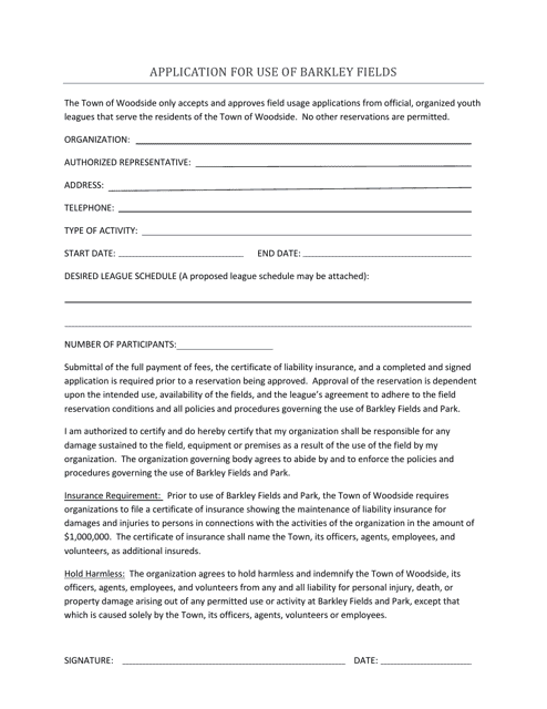 Application for Use of Barkley Fields - Town of Woodside, California