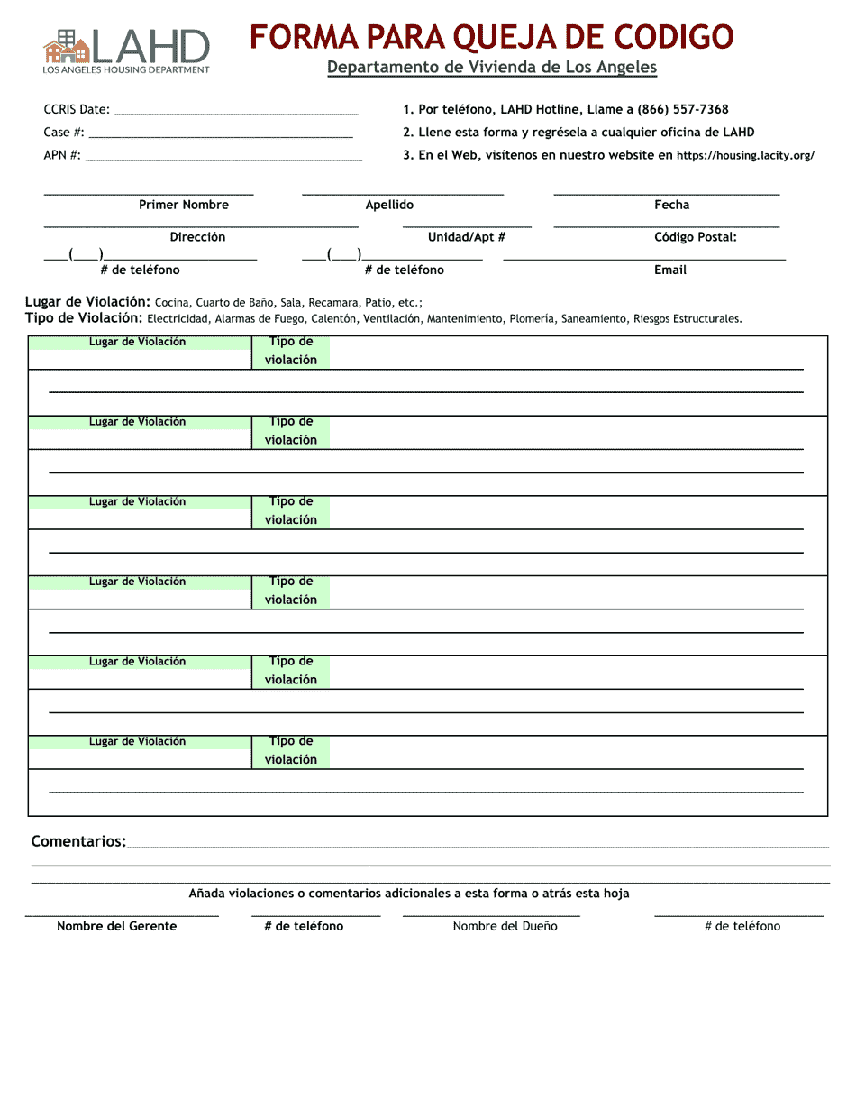 Forma Para Queja De Codigo - City of Los Angeles, California (Spanish), Page 1