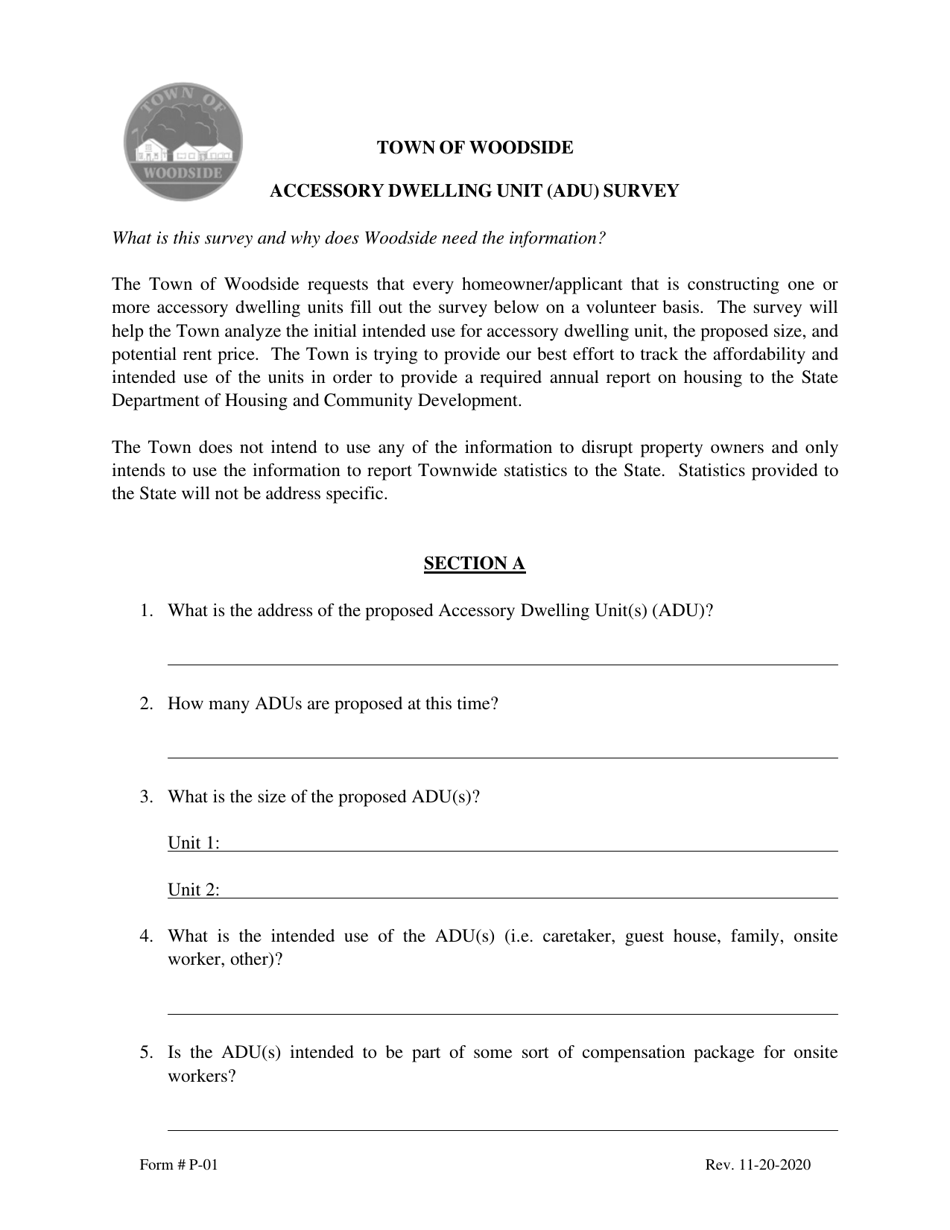 Form P-01 Accessory Dwelling Unit (Adu) Survey - Town of Woodside, California, Page 1