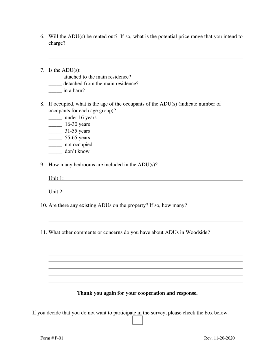 Form P-01 Accessory Dwelling Unit (Adu) Survey - Town of Woodside, California, Page 2