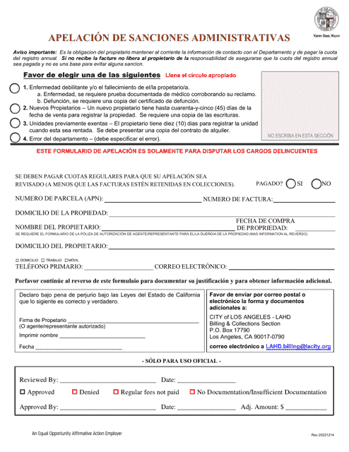 Administrative Penalty Appeal - City of Los Angeles, California (Spanish) Download Pdf