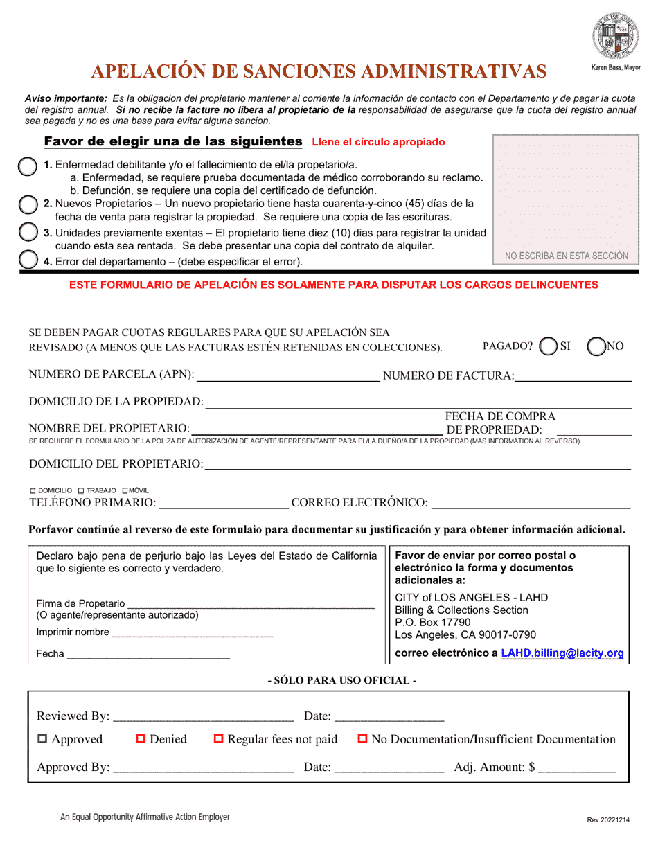 City Of Los Angeles California Administrative Penalty Appeal Spanish Fill Out Sign Online 9825