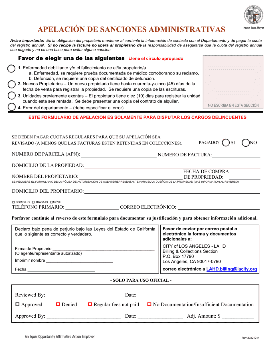 Administrative Penalty Appeal - City of Los Angeles, California (Spanish), Page 1