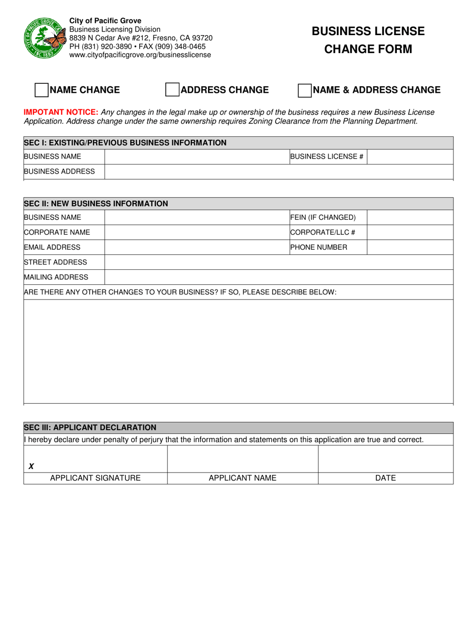 Business License Change Form - City of Pacific Grove, California, Page 1