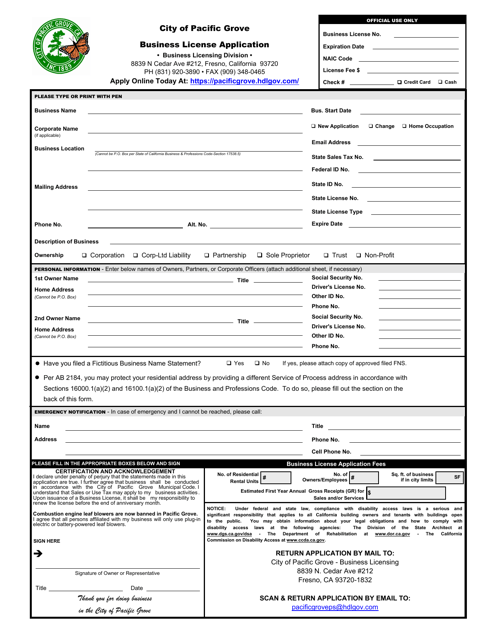 Business License Application - City of Pacific Grove, California Download Pdf
