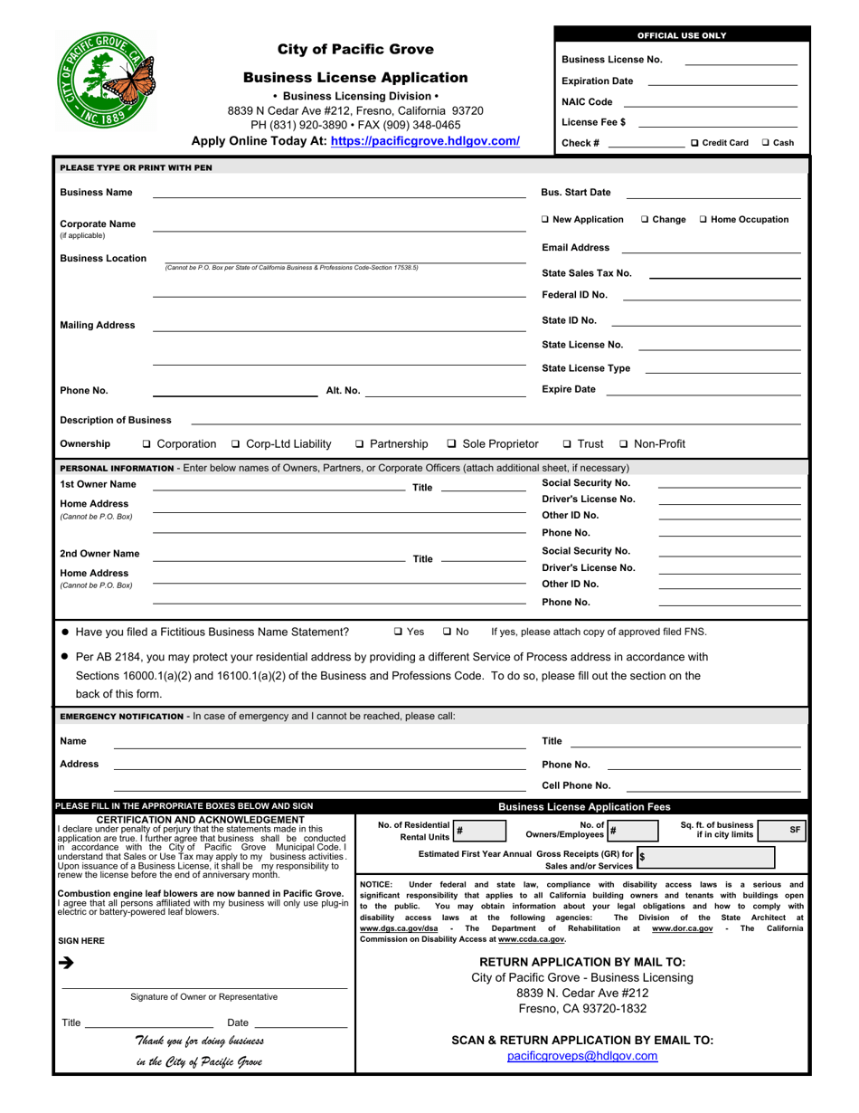 Business License Application - City of Pacific Grove, California, Page 1