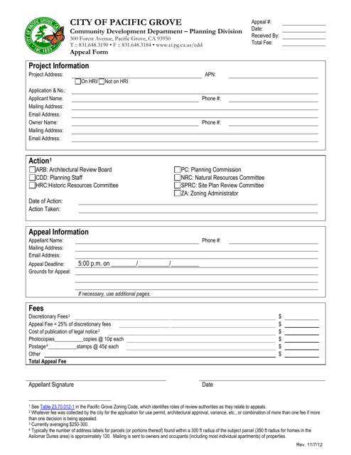 Appeal Form - City of Pacific Grove, California Download Pdf