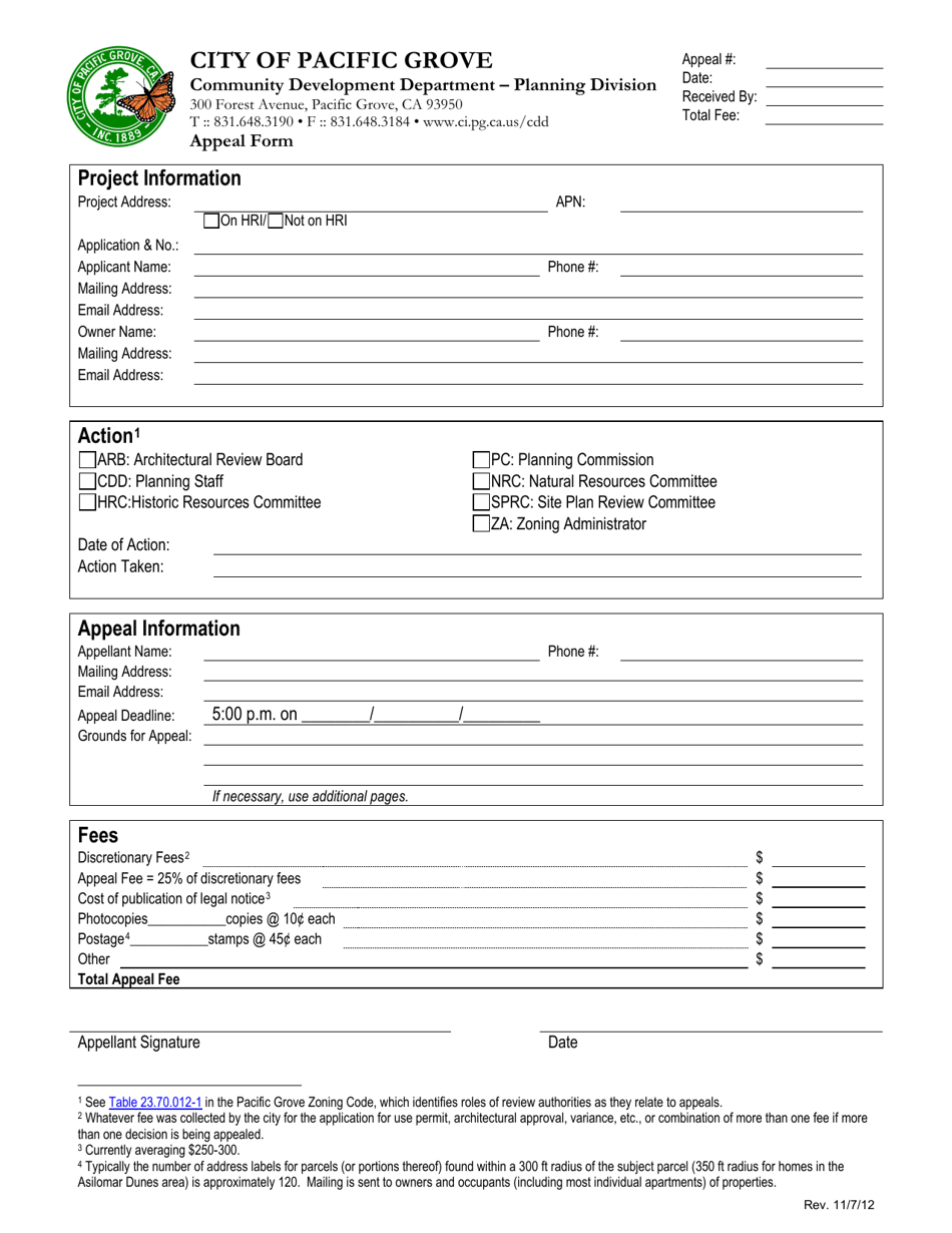 City of Pacific Grove, California Appeal Form - Fill Out, Sign Online ...