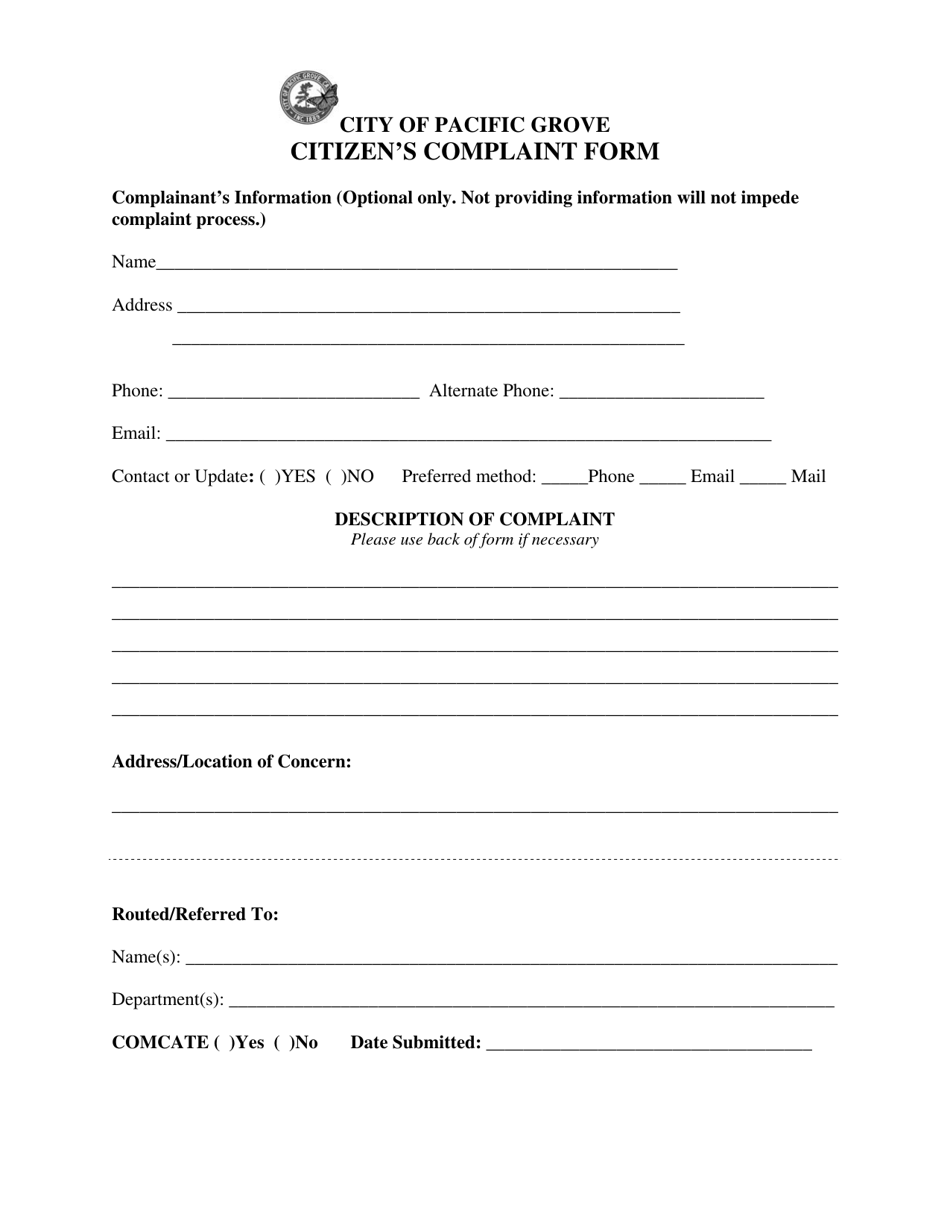City of Pacific Grove, California Citizen's Complaint Form Fill Out