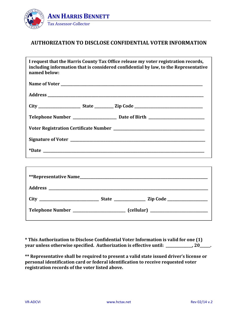 Form VR-ADCVI Authorization to Disclose Confidential Voter Information - Harris County, Texas, Page 1